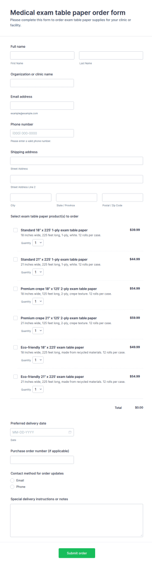Medical Exam Table Paper Order Form Template