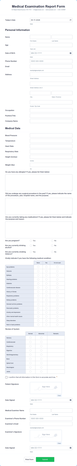 Medical Examination Report Form Template