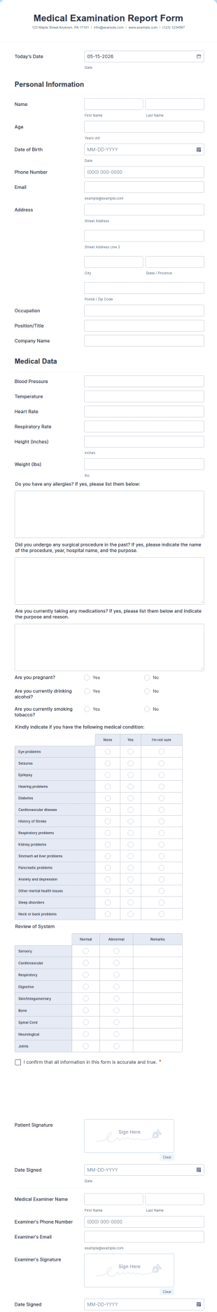 Medical Examination Report Form Template
