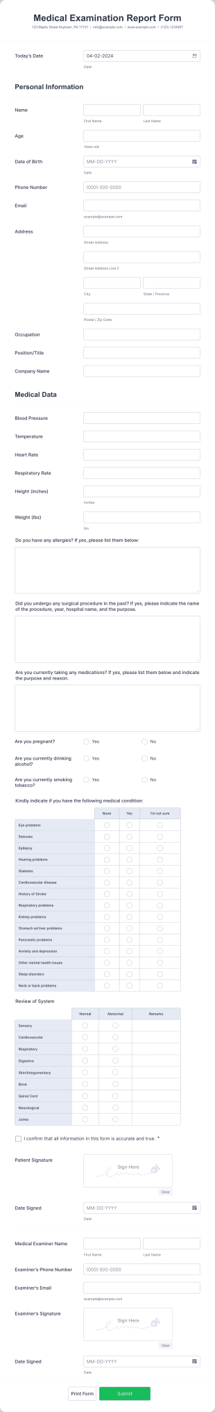 Medical Examination Report Form Template