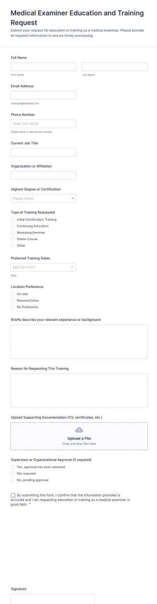 Medical Examiner Education And Training Request Form Template
