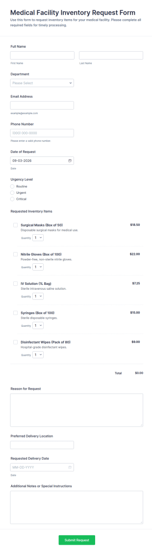 Medical Facility Inventory Request Form Template