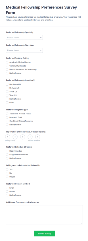 Medical Fellowship Preferences Survey Form Template