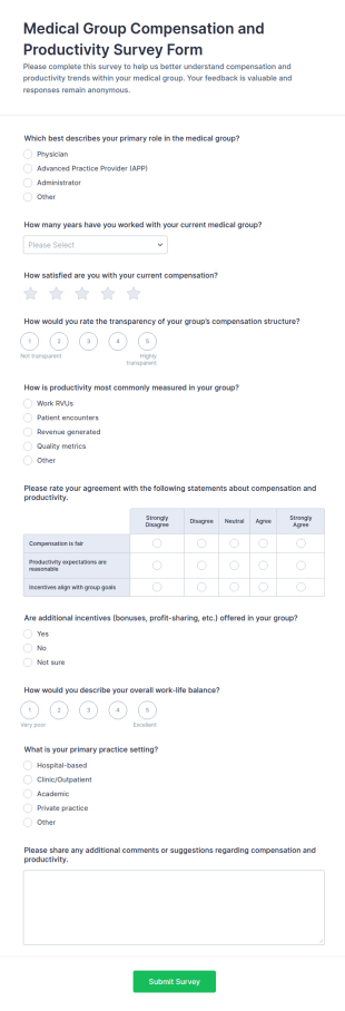 Medical Group Compensation And Productivity Survey Form Template