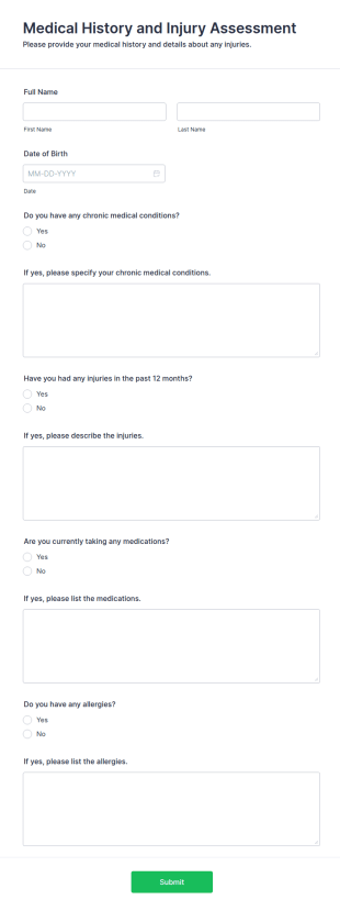 Medical History And Injury Assessment Form Template
