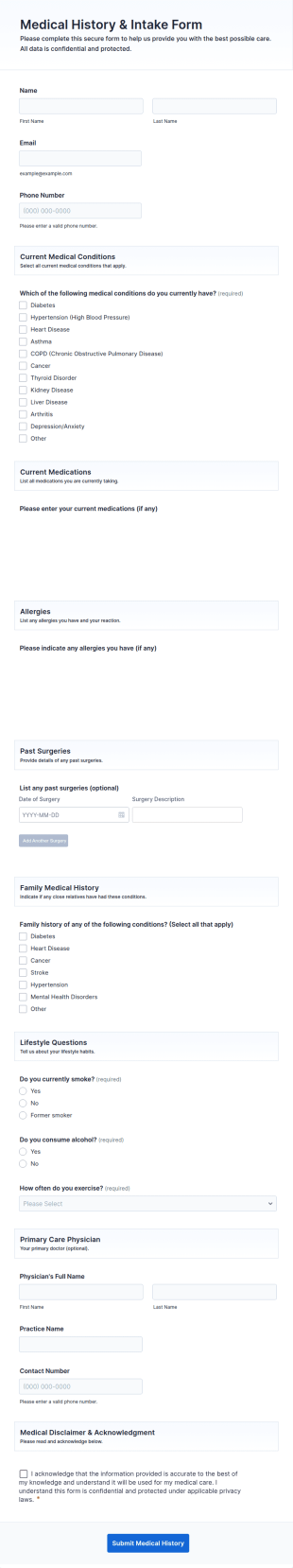 Medical History And Intake Form Template