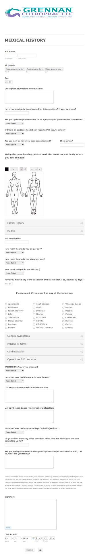 Health History Form Template