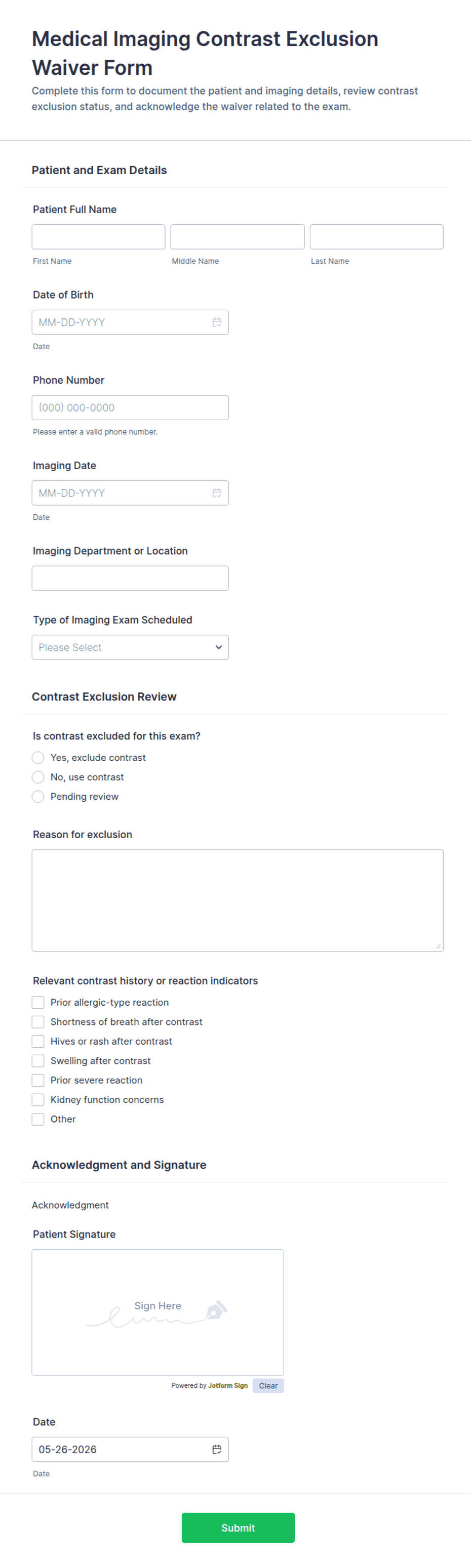 Medical Imaging Contrast Exclusion Waiver Form Template | Jotform