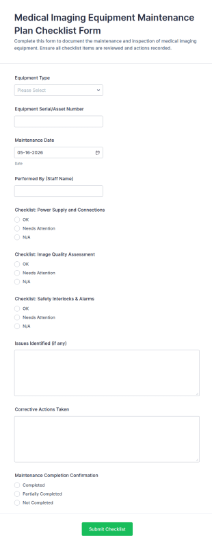 Medical Imaging Equipment Maintenance Checklist Form Template