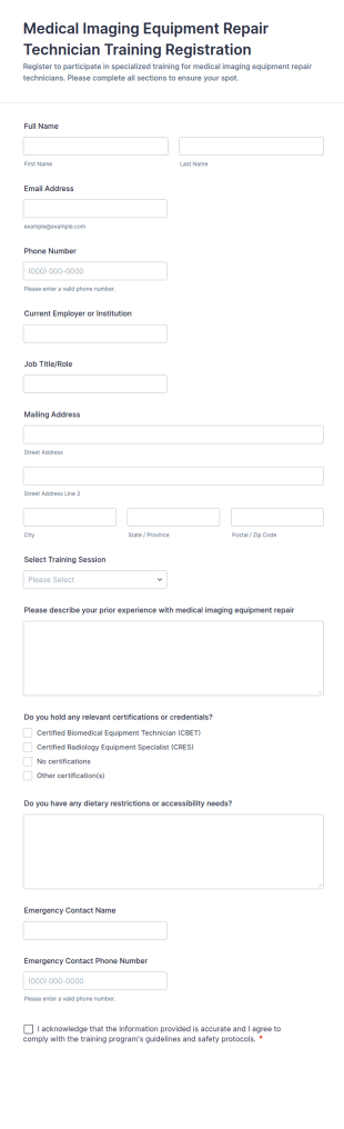 Medical Imaging Equipment Repair Technician Training Registration Form Template