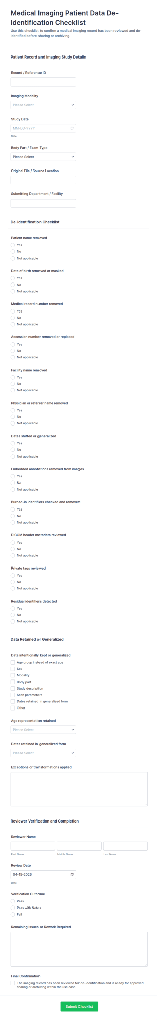 Medical Imaging Patient Data De Identification Checklist Form Template