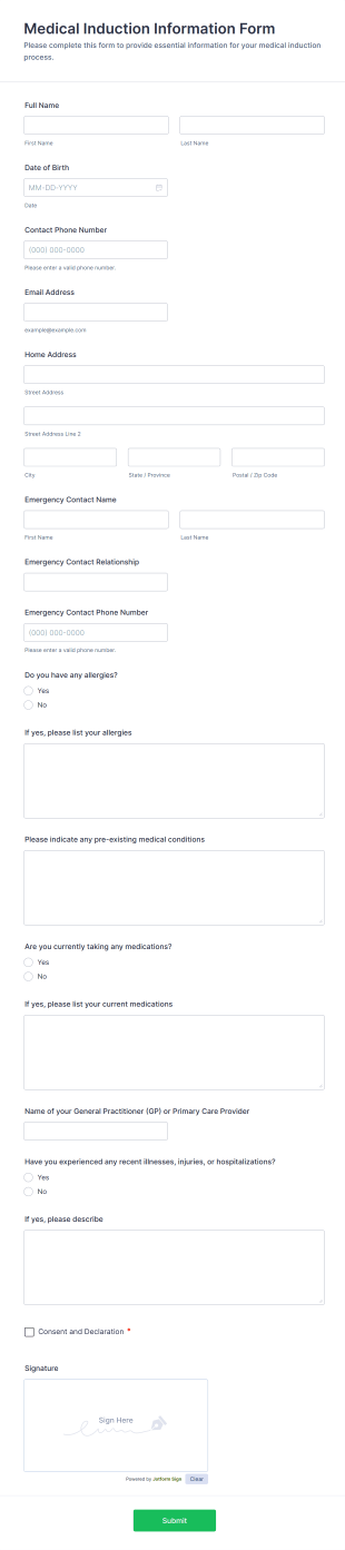 Medical Induction Information Form Template