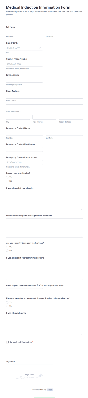 Medical Induction Information Form Template