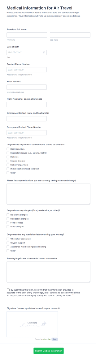 Medical Information For Air Travel Form Template