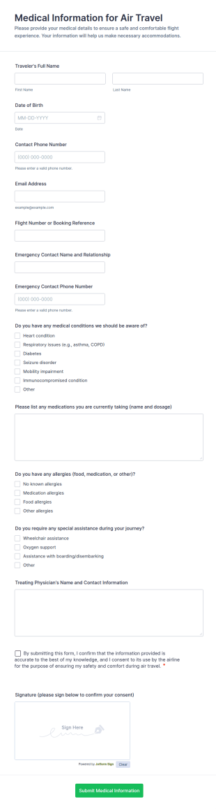 Medical Information For Air Travel Form Template