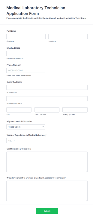 Medical Laboratory Technician Application Form Template