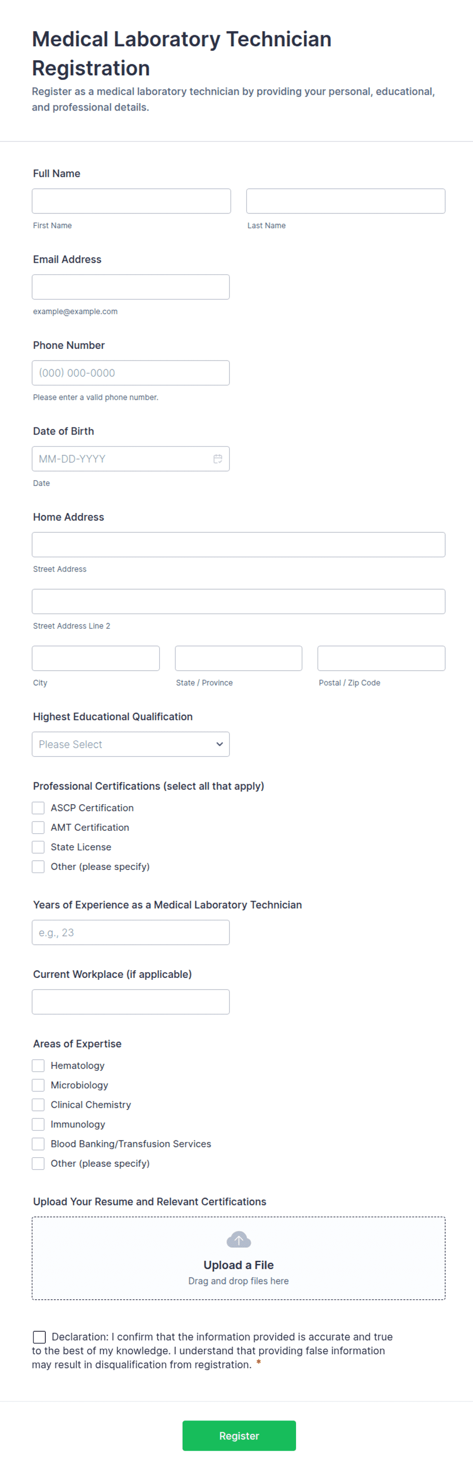 Medical Laboratory Technician Registration Form Template | Jotform