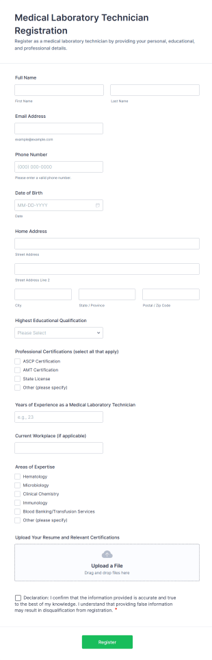 Medical Laboratory Technician Registration Form Template