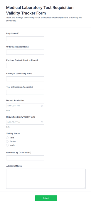 Medical Laboratory Test Requisition Validity Tracker Form Template