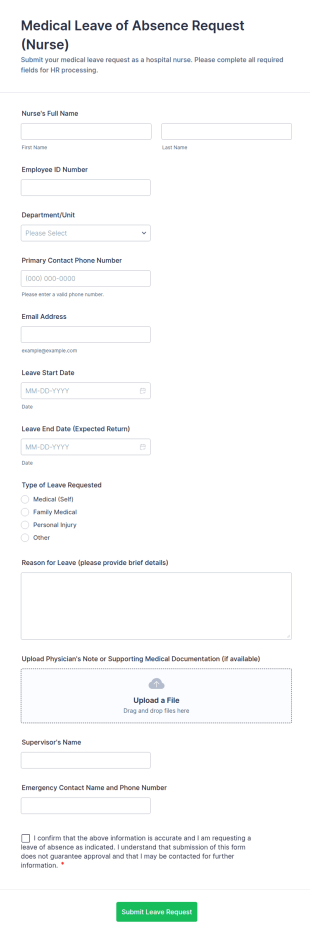 Medical Leave Of Absence Request (Nurse) Form Template