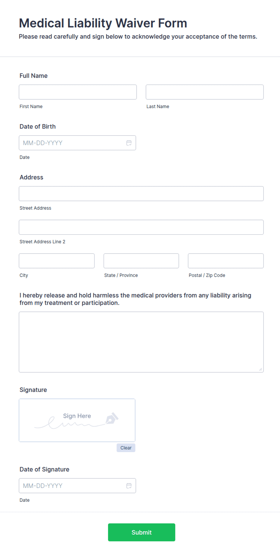 Medical Liability Waiver Form Template Jotform