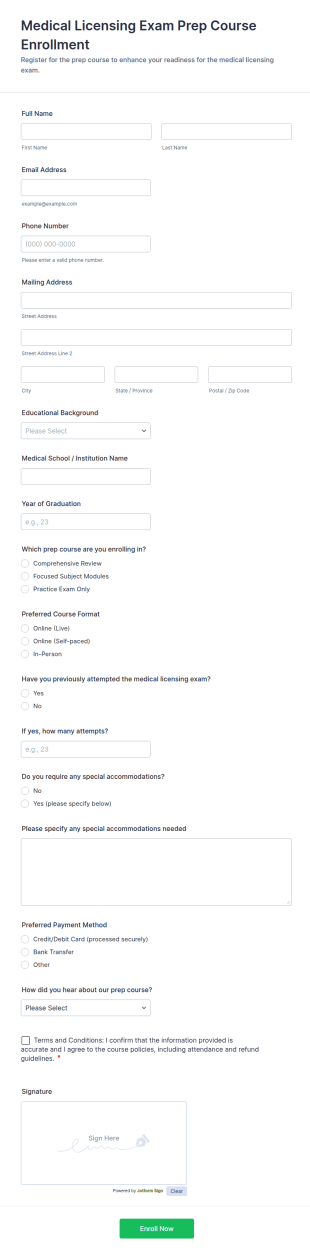 Medical Licensing Exam Prep Course Enrollment Form Template
