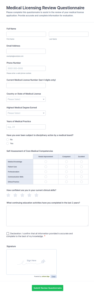 Medical Licensing Review Questionnaire Form Template