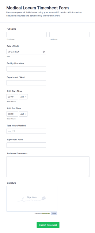 Medical Locum Timesheet Form Template