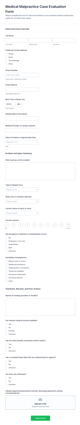 Medical Malpractice Case Evaluation Form Template