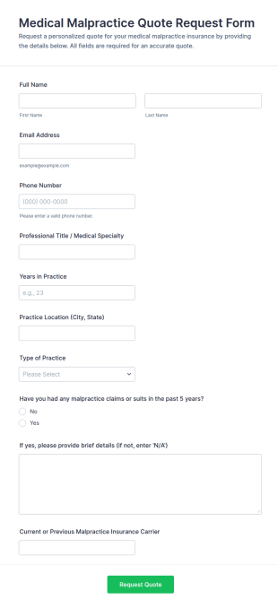 Medical Malpractice Quote Request Form Template