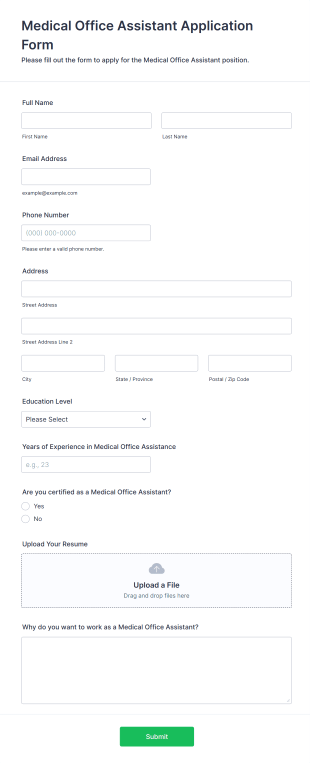 Medical Office Assistant Application Form Form Template