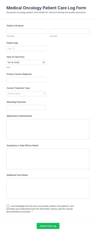 Medical Oncology Patient Care Log Form Template