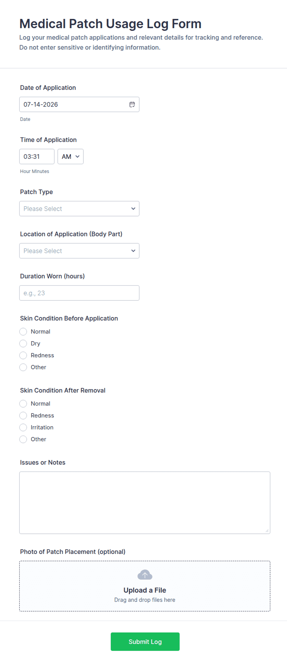 Medical Patch Usage Log Form Template | Jotform