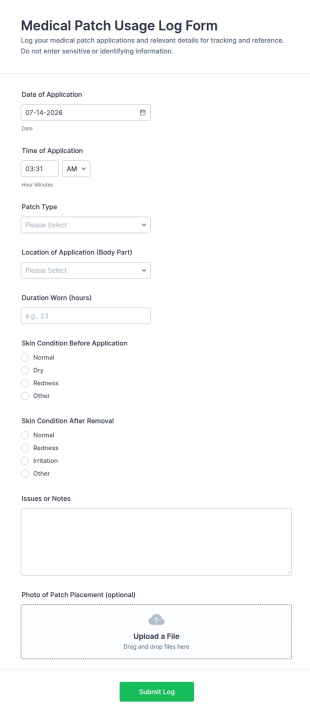 Medical Patch Usage Log Form Template