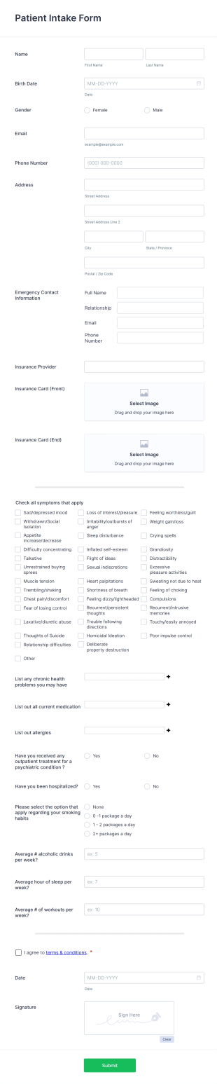 Medical Patient Intake Form Template