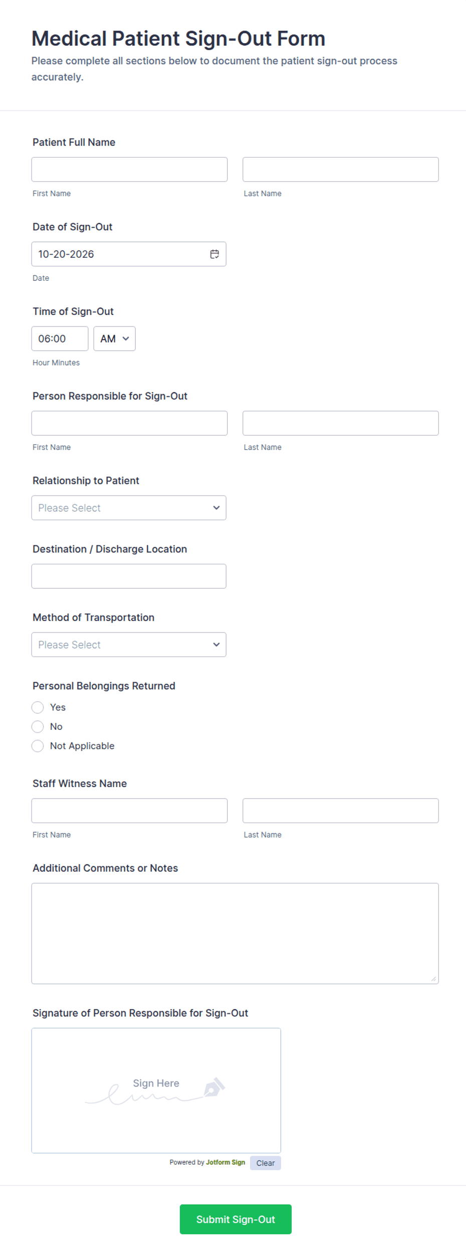 Medical Patient Sign-Out Form Template | Jotform