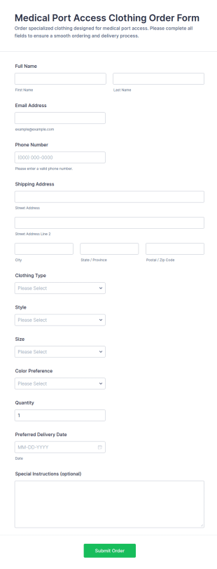 Medical Port Access Clothing Order Form Template