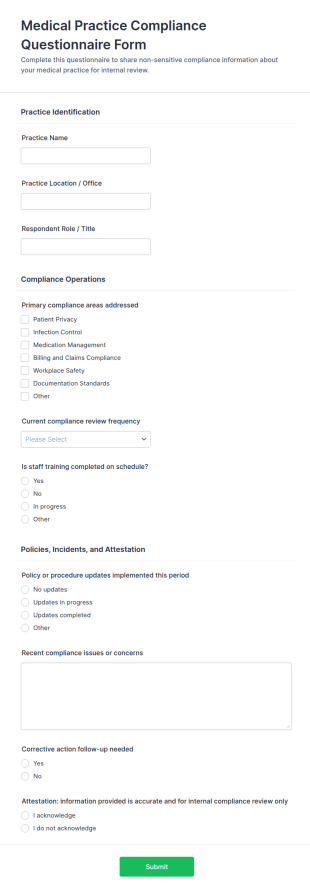 Medical Practice Compliance Questionnaire Form Template