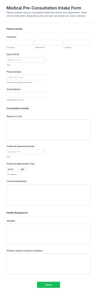 Medical Pre Consultation Intake Form Template