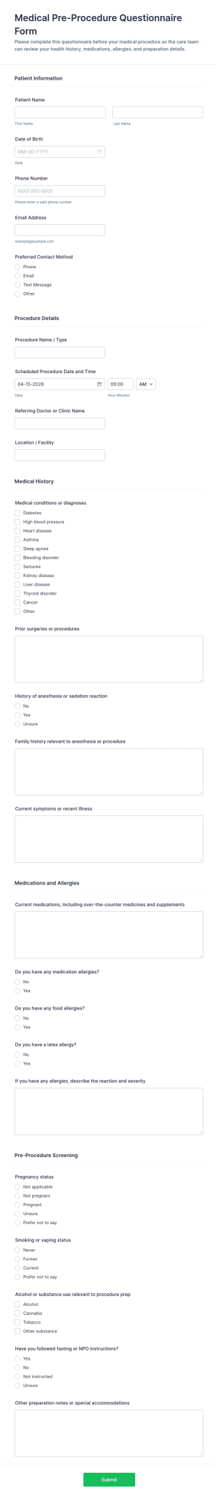 Medical Pre Procedure Questionnaire Form Template