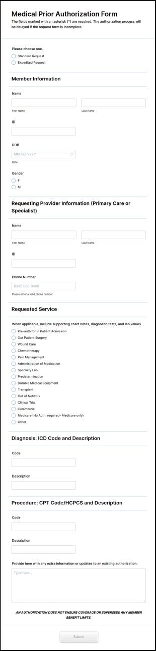 Medical Prior Authorization Form Template