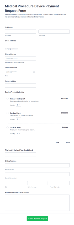 Medical Procedure Device Payment Request Form Template