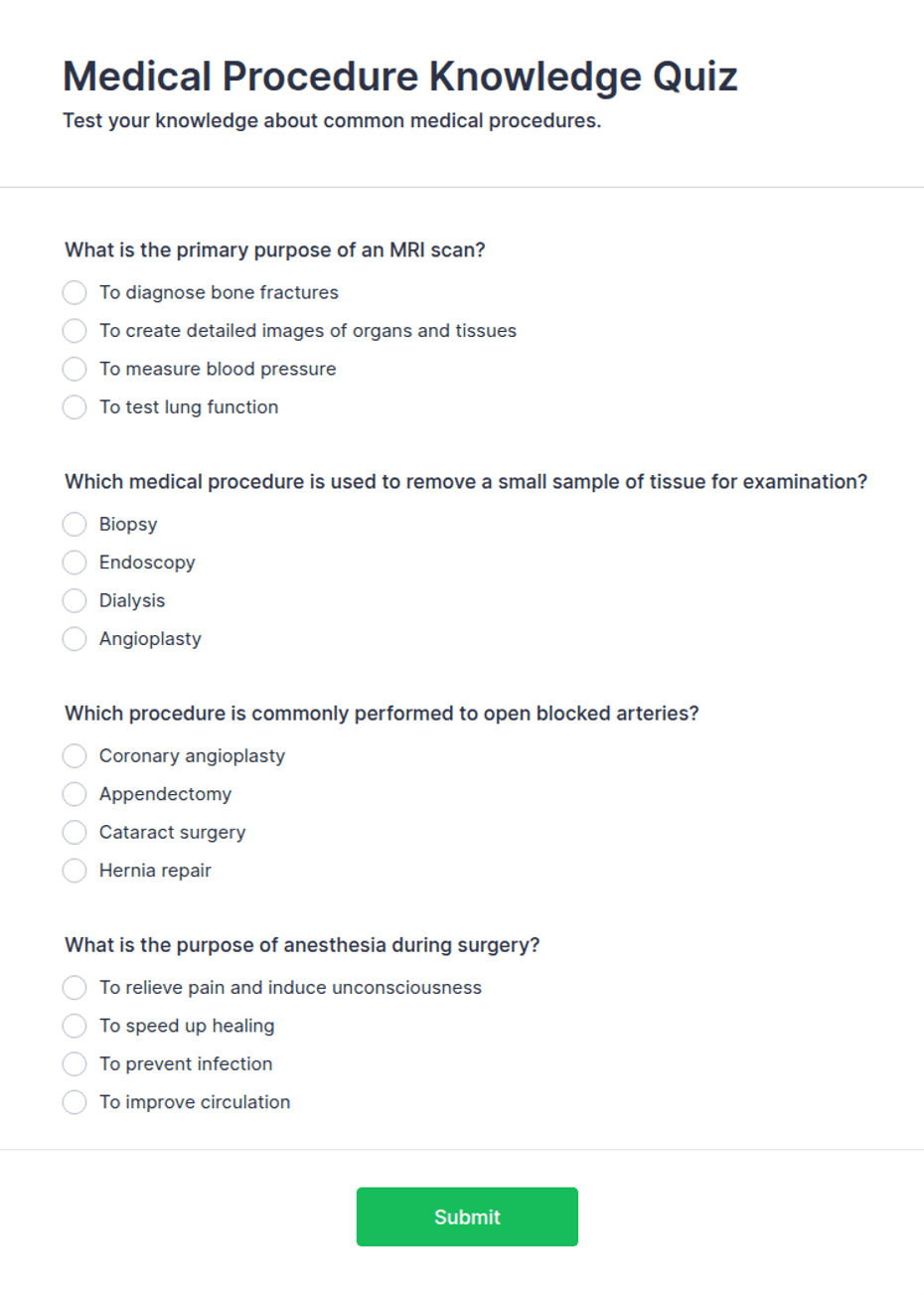Medical Procedure Knowledge Quiz Form Template | Jotform