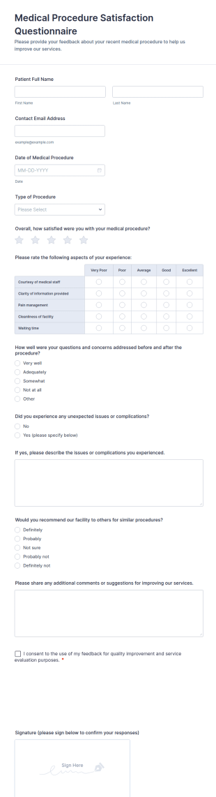 Medical Procedure Satisfaction Questionnaire Form Template