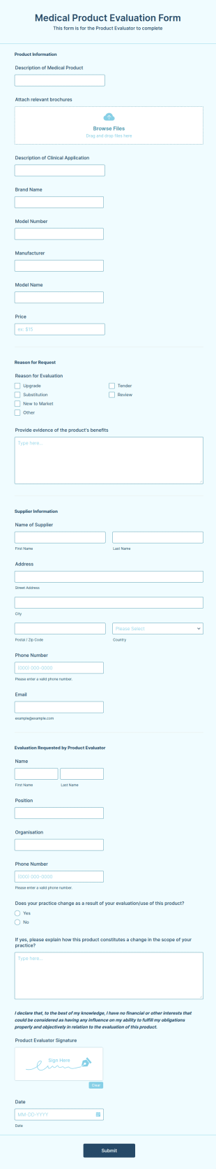 Medical Product Evaluation Form Template
