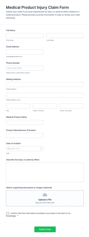 Medical Product Injury Claim Form Template