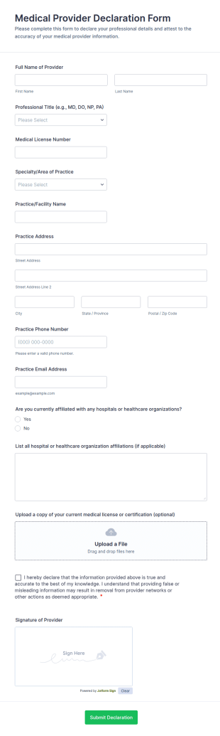 Medical Provider Declaration Form Template