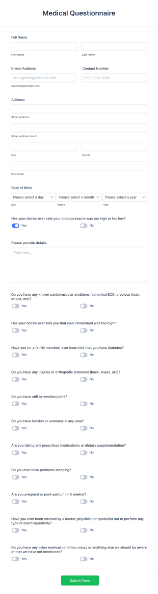Medical Questionnaire Form Template