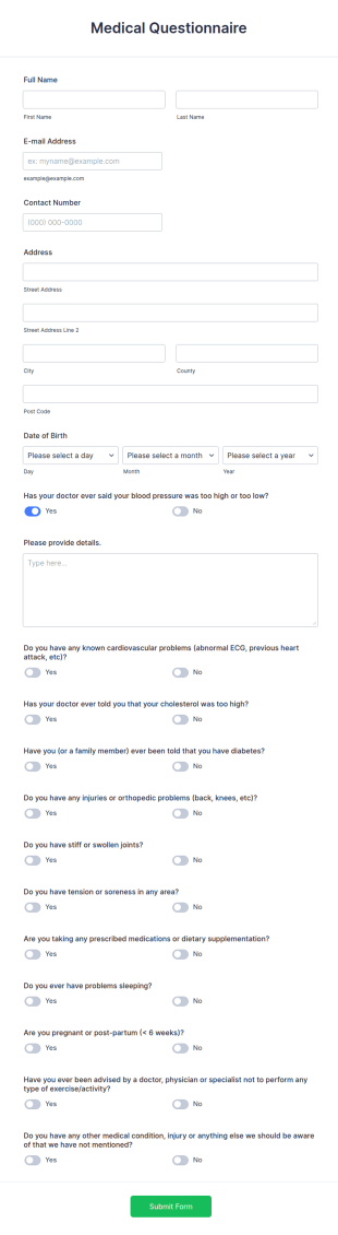 Medical Questionnaire Form Template
