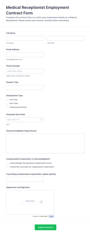 Medical Receptionist Employment Contract Form Template